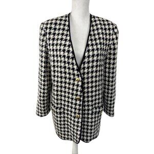 Vintage Simon Ellis Fitted 14 Houndstooth 3 Button Tweed Blazer Long Black